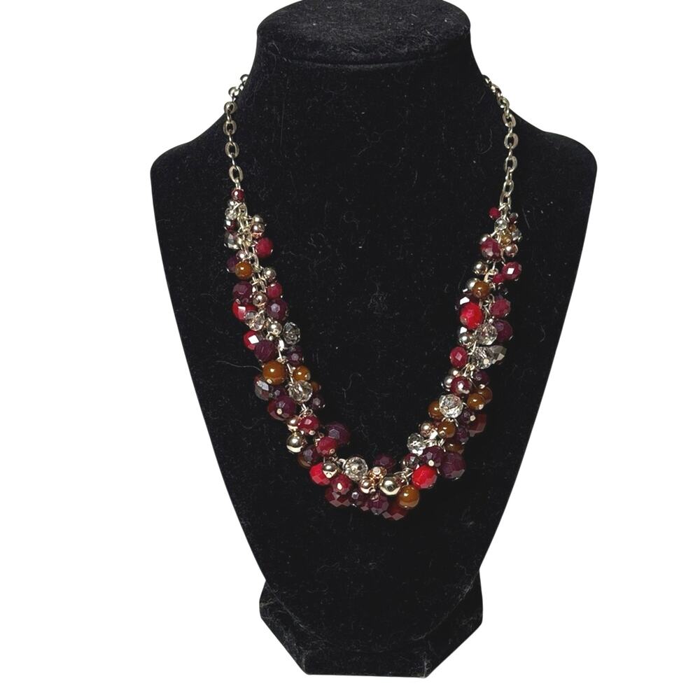 The Limited Multi Strand Necklace Red Burgundy Amber Gold Beaded Statement 18”